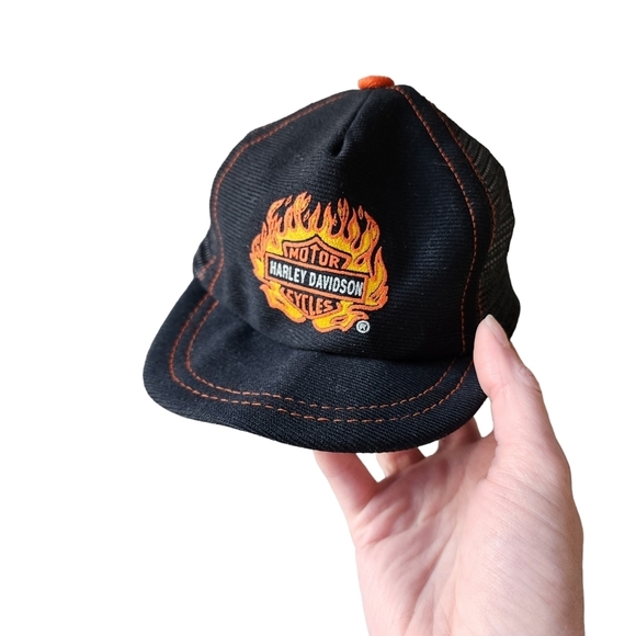 HARLEY DAVIDSON x VINTAGE 80's flame emblem trucker hat mesh cap baby - Picture 2 of 10